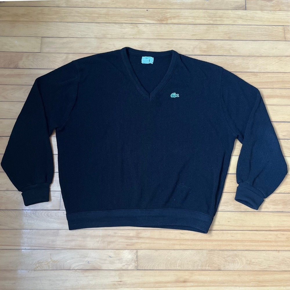 Vintage Izod Lacoste Mens XL Black V-Neck Orlon Acrylic Sweater Made in USA Logo
